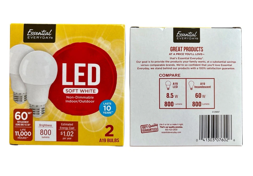 60W LED SOFT WHITE 2 A19 BULBS ESSENTIAL EVERYDAY  (PACK OF 2) - Image 1 of 1
