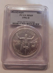 1996 D Olympics Paralympics Wheelchair Commemorative Silver Dollar PCGS MS69 - Picture 1 of 2