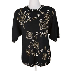 Vintage 1980s Western Connection Sweater Size L Black Gold Beaded Short Sleeves - Picture 1 of 9