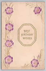 Birthday Wishes Raised Embossed Purple Airbrushed Flowers 1912 Postcard - Picture 1 of 2