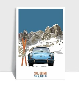 Skijoring Classic B Cabriolet Sky Blue Aluminum Poster 24" x 36" - Imagen 1 de 2