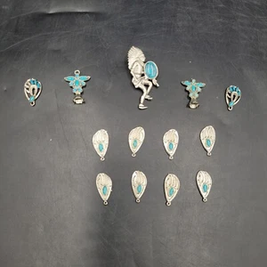 Lot of 13 Vintage Pewter Turquoise Indian Butterfly Paw Print Trinkets Jewelry - Picture 1 of 7