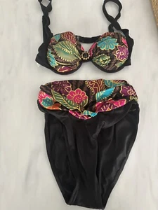 Vtg 80’s 90’s Swimsuit Bikini High Leg Catalina Black Multi Gold Floral Size 8 - Picture 1 of 6