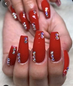 Set Of Painted Red Bling Glossy  Long Coffin False Nails - Picture 1 of 2