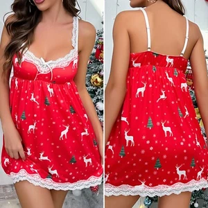 Ladies Red Santa Nightgown Soft Satin Silk Valentine Sleepwear Mini Slip Dresses - Picture 1 of 38