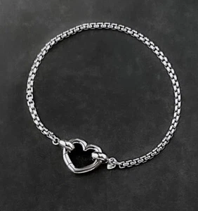 Sterling Silver Rounded Box Chain Bracelet 2.5mm with Open Heart Push Clasp - Picture 1 of 7