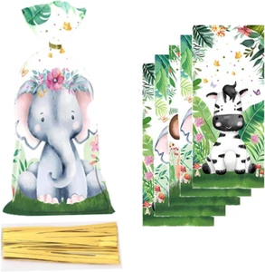 50 Pcs Safari Animal Plastic Goody Treat Bags - Cellophane Gift Bags with Ribbon - Picture 1 of 5