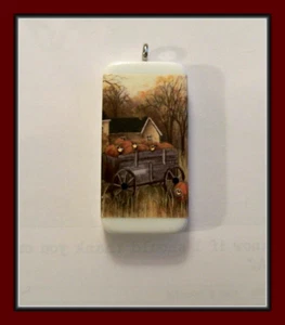 FALL WAGON AND PUMPKINS - LOVELY SCENE WITH BARN AND SWAROVSKI CRYSTALS PENDANT - Picture 1 of 2