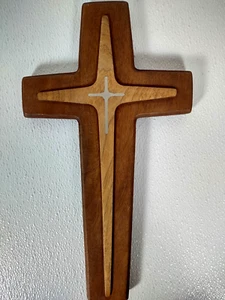 Large Artisan Made Mahogany Walnut Pewter Inlay Wood Crucifix Wall Cross 15" - Picture 1 of 13