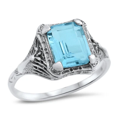 PEACOCK 925 STERLING SILVER RING ANTIQUE STYLE SIMULATED AQUAMARINE        #1327 - Image 1 of 3