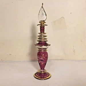 Vtg Hand Blown Cranberry Glass Perfume Bottle Etched Gold Trim & Dauber Stopper - Picture 1 of 11