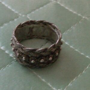 Vintage Southwestern Braided Silver Sterling Ring w Concho Like Bead Center sz 7