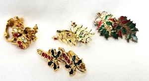 Lot of 4 Christmas Clip Back Rhinestone & Enamel Earring Sets Vtg Jewelry - Picture 1 of 4