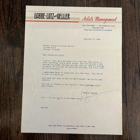 Seymour Heller Signed Autograph Letter TLS Talent Agent Manager Liberace Cover