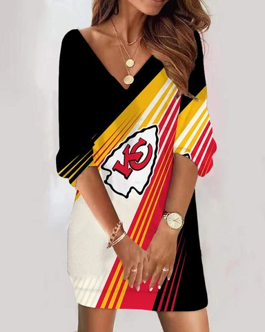 Kansas City Chiefs Summer V-Neck Dresses Women's Casual Half Sleeve Mini Dresses Cover