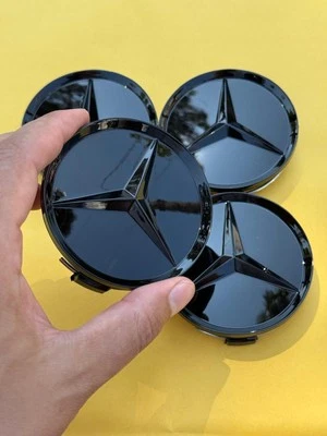 Set of 4 Mercedes Benz Center Caps All Glossy Black 2.95 Inch/75mm - Image 1 of 4