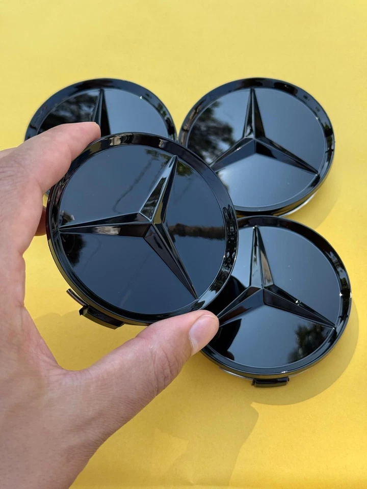 Set of 4 Mercedes Benz Center Caps All Glossy Black 2.95 Inch/75mm - Image 1 of 4