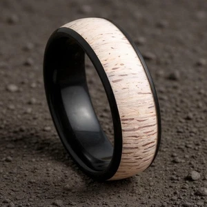 Black Tungsten Ring with Deer Antler Inlay Mens Wedding Band Men's Ring 8mm - Picture 1 of 3