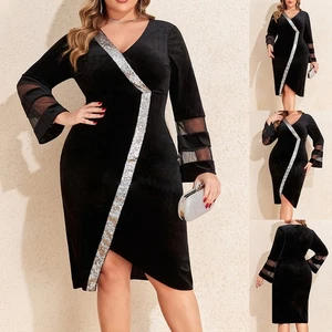Plus Size Women Velvet Sequins V-Neck Midi Dress Ladies Flared Sleeve Party Gown - Picture 1 of 6