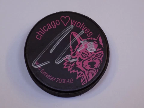 Chicago Wolves Wives Hockey Puck AHL Autographed Signed 2008 2009 Clay Wilson 38 Cover