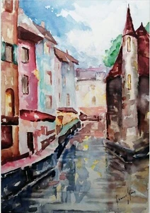 ANNECY - LA VIEILLE VILLE et le CANAL du THIOU -Belle aquarelle ORIGINALE signée - Picture 1 of 1