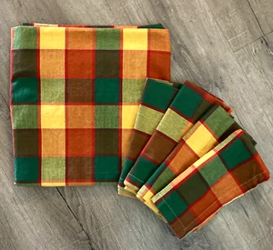 THANKSGIVING Tablecloth 4 Napkins Red Gold Green Check Farm House Decor 48"x48" - Picture 1 of 4