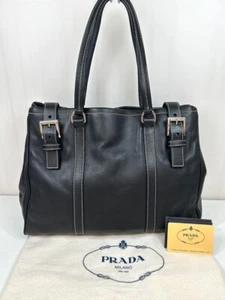 PRADA Vintage Tote Bag Shoulder Bag Vitello Dino Logo Leather Black Used Auth FS - Picture 1 of 10