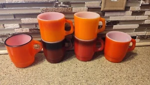 Lot of 6 - Fire King Anchor Hocking Milk Glass Mug D Handles - Red Orange Multi - Picture 1 of 7