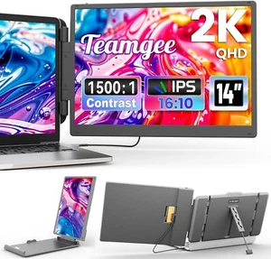 Teamgee 2K Laptop Screen Extender, 14" QHD IPS Portable Monitor for Laptop, Dual - Afbeelding 1 van 8