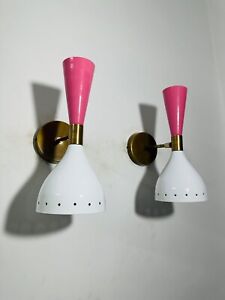 White & Pink Mid Century Brass Wall Sconce Light Pair Italian Sconce Lamp Adjust