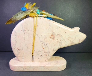 Vintage Zuni Bear Fetish w/ Medicine Bundle Arrowhead Feathers and Turquoise EUC - Picture 1 of 9