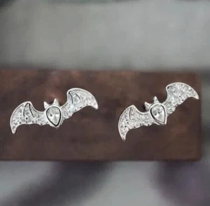 Silver Bat Crystal Stud Earrings, Minimalist Halloween Batman - Gothic, Vampire - Picture 1 of 8