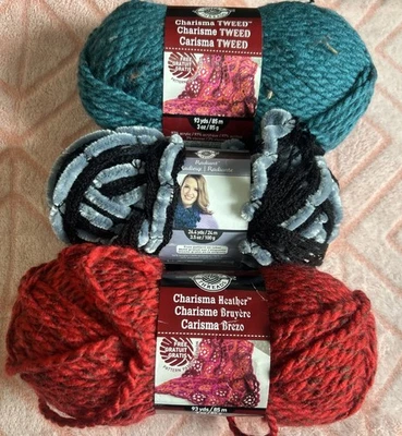 Lot of 3 Skeins Loops & Threads Charisma Yarn Acrylic Tweed Blue Red Smokey - Image 1 of 4