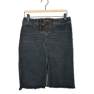 Express Jeans Vintage Y2K Jean Denim Lace Up Front Midi Skirt Frayed Hem Stretch - Picture 1 of 8