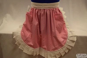 RETRO VINTAGE STYLE HALF APRON - PINK & WHITE SPOT / WHITE TRIM & 2 PINK POCKETS - Picture 1 of 4