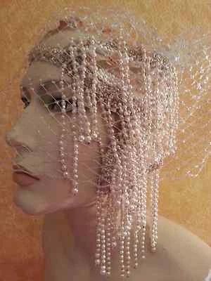 Downtown Abbey Pearl Iridescent Sequin Gatsby 20's Headpiece Veil Bridal Wedding - Image 1 of 4
