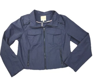ModCloth Blue Cropped Utility Jacket Ruffled Ruffles Size Large Military - Picture 1 of 14