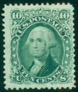 US #68, 10¢ green, unused regummed, Miller certificate, Scott for no gum $375.00 - Picture 1 of 1