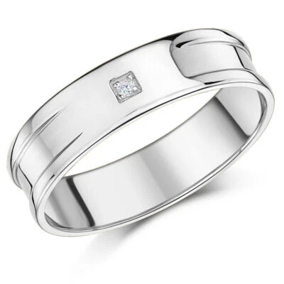 6mm Men's 9ct White Gold wedding Band Diamond Set Flat Shaped UK Hallmarked 375 - Image 1 of 4