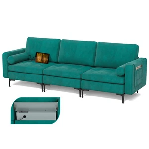 Modular 3-Seat Sofa Couch w/ Socket USB Ports & Side Storage Pocket Teal - Picture 1 of 11