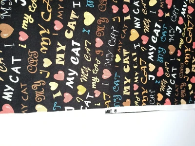 Fabric by MBT Black Background I Heart/Love My Cat BTY - Image 1 of 3