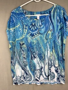 Chico’s Bluse Gr. 2 (L), aqua/weiße Paisley Tunika, Cap SS, Rundhalsausschnitt, Rundhalsausschnitt - Bild 1 von 7
