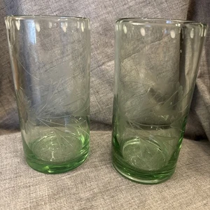 Bobby Flay Hand Blown Green Highball Glasses Set Of 2 Floral Etched EUC 16oz - Picture 1 of 8