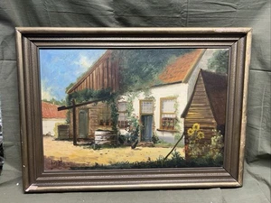 Altes gerahmtes rustikales europäisches Dorf Öl auf Leinwand Gemälde - Bild 1 von 6