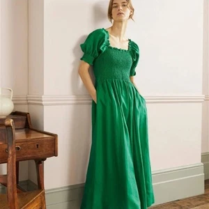 Boden Smocked Bodice Midi Dress 8L Linen Highland Green Puff Sleeve Coastal Boho - Picture 1 of 16