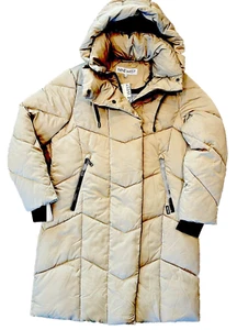 NWT Nine West Women's 40" Full Zip Hooded Puffer Jacket Coat Khaki Tan Large - Picture 1 of 19