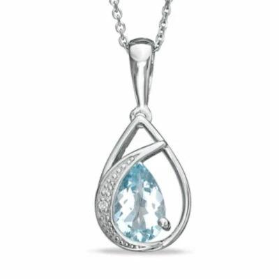 Teardrop Pendant Necklace Pear Aquamarine & Natural Diamond Sterling Silver - Image 1 of 3