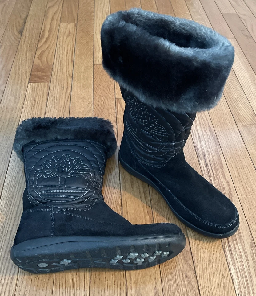 Timberland Hollyberry Black Suede Boots Size 6.5 Youth (8-8.5 W)Faux Fur Leather - Image 1 of 4