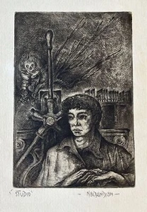 Karnig Nalbandian Etching Self Portrait "Studio" Signed Social Realism Rag Doll - Picture 1 of 13
