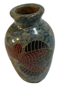 3.75" Carved Clay Pottery Mini Bud Vase Fish Motif Unsigned - Picture 1 of 6